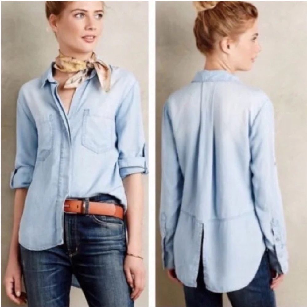Elevenses Anthropologie Denim Chambray Button Down Shirt Women Size S